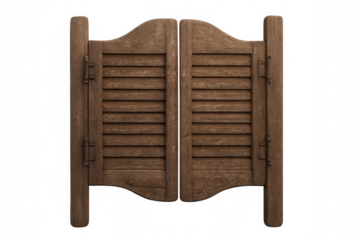Pair of weathered swinging saloon doors, serving as the entrance to a western-style establishment, on a clear background