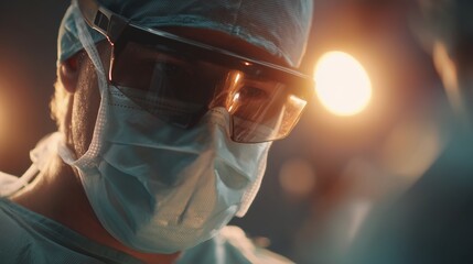 A surgeon in surgical attire focuses strongly on the surgical lights and the task ahead. The environment is dimly lit, highlighting the surgeon's diligent preparation.