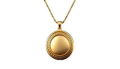 Gold pendant necklace with a round, detailed medallion on a black background