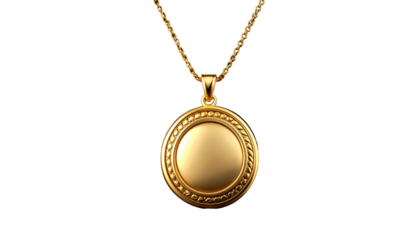 Gold pendant necklace with a round, detailed medallion on a black background