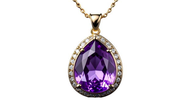 Elegant gold necklace with a pear-shaped purple gemstone pendant
