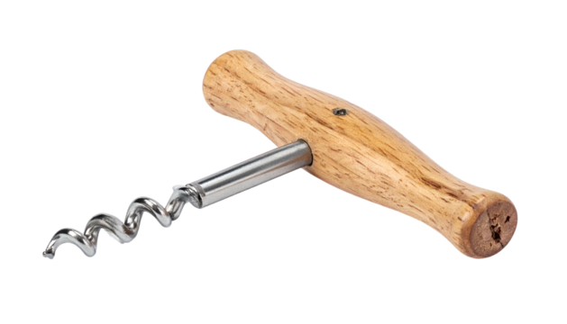 Wooden handled corkscrew, twisted metal, isolated on black