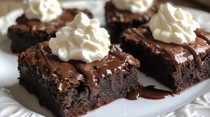 Four squares of rich, decadent brownies, topped with whipped cream and chocolate sauce, displayed on a white plate.