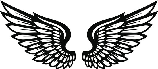 A symmetrical pair of black and white stylized angel wings with detailed feathers, isolated on a white background.