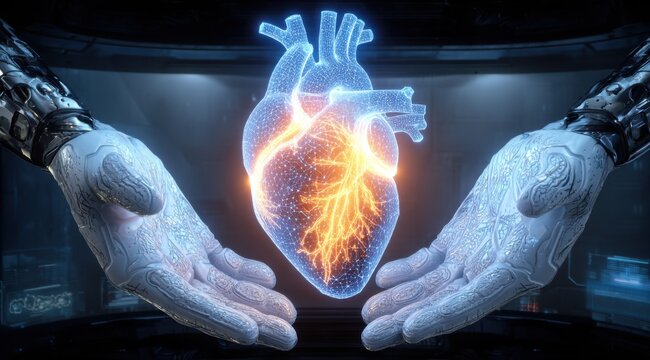 A 3D hologram of an anatomical heart made from light, floating between two hands with white skin gloves on it. In the background is black and silver technology.  - Powered by Adobe
