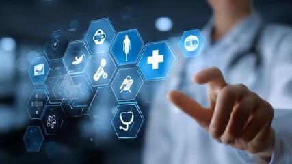 Healthcare professional interacting with virtual medical interface, symbolizing digital health, innovation, telemedicine, and future technology in medicine. - Powered by Adobe