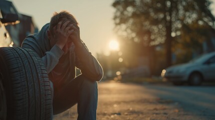 A man sits by the roadside, holding his head in his hands, while the man contemplates beside a car tire. The man seems deep in thought as the setting sun casts shadows.