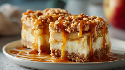 Caramel Apple Cheesecake Bars, creamy cheesecake with caramel drizzle, and crumbly streusel topping