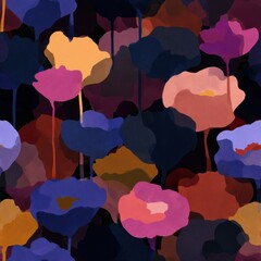 Colorful Abstract Floral Pattern with Vibrant Poppies on Dark Background.