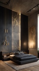 bedroom with textured walls, a black and gold color palette, a bed in the center of the room, an accent wall, hanging lights, marble panels on one side of the wall, in the modern style.