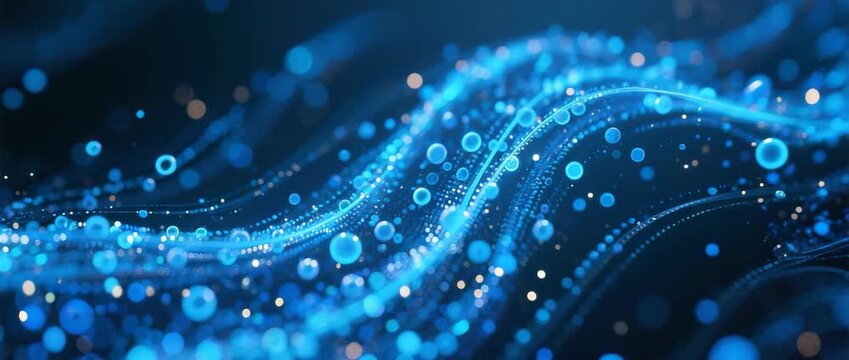 Bright abstract blue pattern with shiny bubbles and light drops for a liquid design backdrop