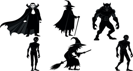 Spooky Halloween Silhouettes Dracula, Witch, Werewolf & Zombies