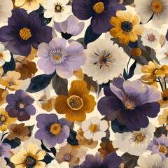 Vibrant Floral Pattern with Yellow, Purple, and White Blooms in Full Bloom.