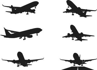 Airplane silhouettes landing and takeoff, aircraft front view, side view, rear view, runway icon, aviation transport, flight phase, vector illustration set