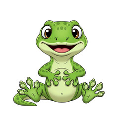 Obraz premium Cute cartoon green gecko sitting with a happy expression, isolated on transparent background