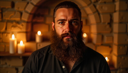 Obraz premium Bearded man with serious expression in front of candles indoors 