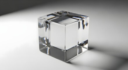 Transparent Glass Cube on Reflective Surface with Light Refraction