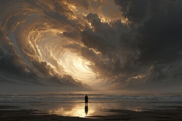 Person stands on rocky shore watching swirling vortex of light and dark clouds near ocean at sunset
