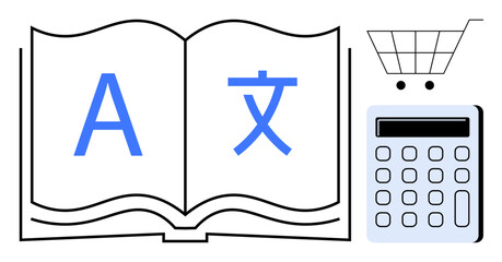 Open book with multilingual characters, shopping cart, and calculator emphasizing education, translation, learning, e-commerce, technology, and global trade. Ideal for online learning platforms