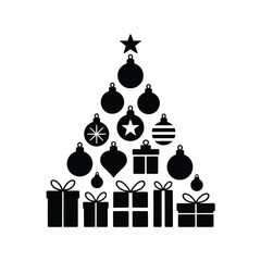 Stylish black silhouette vector illustration of a christmas tree with ornaments and gift boxes scalable eps vector illustration white background