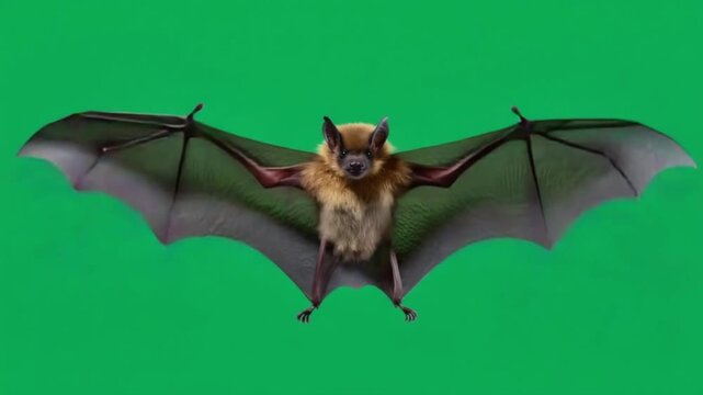 Close up of a bat with wings spread wide against a vibrant green screen background in studio shot bat green screen video