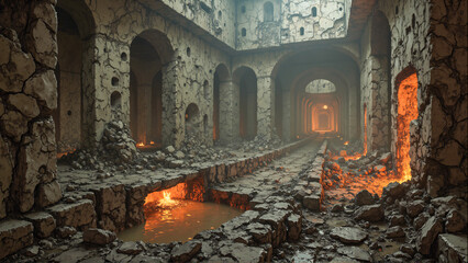 Mysterious Fantasy World with Fire and Stone Peaks