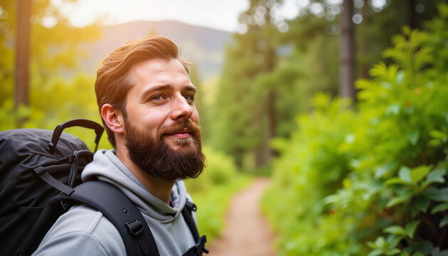 Young man hiking on forest trail with backpack and smiling  