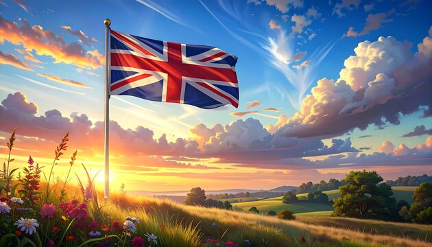 Union Jack flag billowing at sunset over idyllic countryside