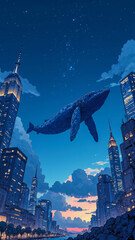 Magical Whale in Starry Sky Above Futuristic City