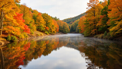 Autumn landscape with colorful trees reflecting on still water  