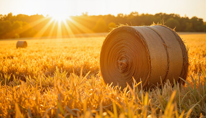 Obraz premium Hay bale in golden field at sunrise with warm sunlight 