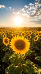 Vibrant sunset over a vast sunflower field, one flower in sharp focus in the foreground