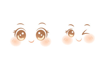 Smiling and winking kawaii anime faces with round eyes