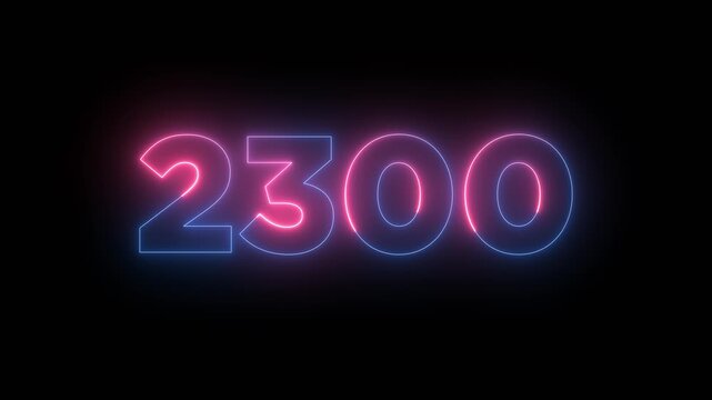 Glowing neon text 2300 number animation isolated on black background