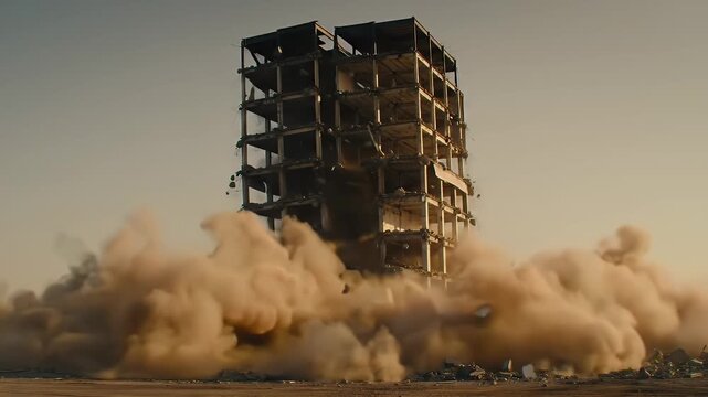 Demolished Building with Dust Cloud, and Desert.