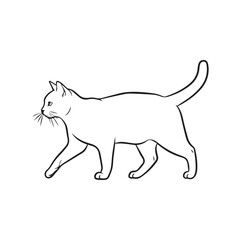 Fototapeta premium A simple black and white line art illustration of a domestic cat walking in profile on a plain background.