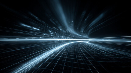 Abstract Blue Light Grid Network Tunnel Moving at High Speed on a Dark Background