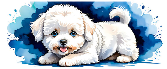 Cute white puppy with blue eyes lying on floor. Watercolor illustration of fluffy bichon. Adorable poodle with curly fur on white background.