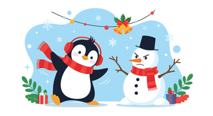 A cheerful penguin dances near a grumpy snowman during winter.