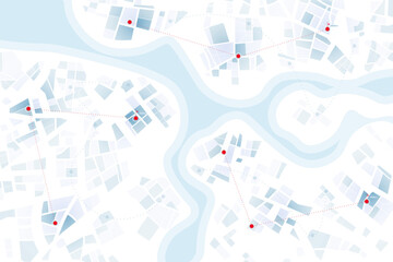 Logistic and delivery networks with GPS tracking with several stops along a path. Abstract city map navigation with red location pins and dotted travel routes across river areas. Vector illustration.
