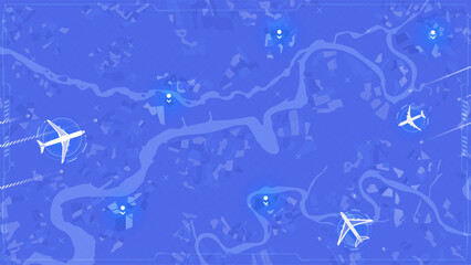 Airplane flight route map over city with navigation markers, digital tracking interface. Futuristic aviation flight paths and glowing location markers, global logistic concept. Vector illustration.