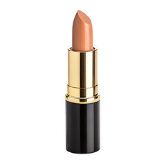 A single tube of beige lipstick in an elegant black and gold case, a beauty cosmetic on a Transparent Background