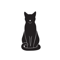 Simple black silhouette of a sitting cat with a curled tail, isolated on a white background.