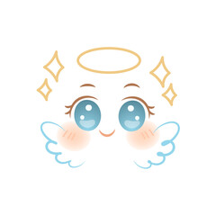 Cute anime angel face with halo and wings illustration