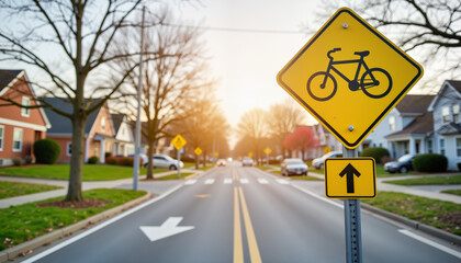 Bicycle warning sign on suburban street during sunset  