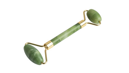 Closeup of a green jade roller isolated on transparent background, a beauty tool used for facial massage, promoting circulation and reducing puffiness and wrinkles isolated on solid background