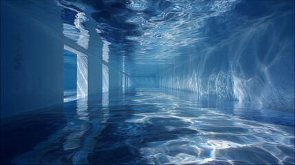 Underwater View of a Modern Swimming Pool Tunnel with Rippling Light and Reflections