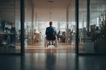 Confident man in wheelchair working in modern office