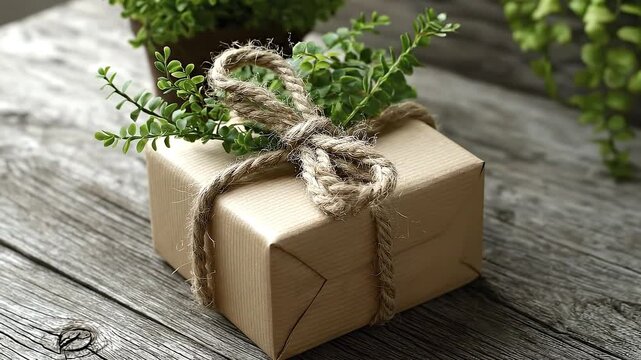 Wrapped present with twine and foliage on a weathered wooden surface