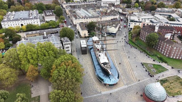 The Cutty Sark British clipper ship. Greenwich London drone,aerial